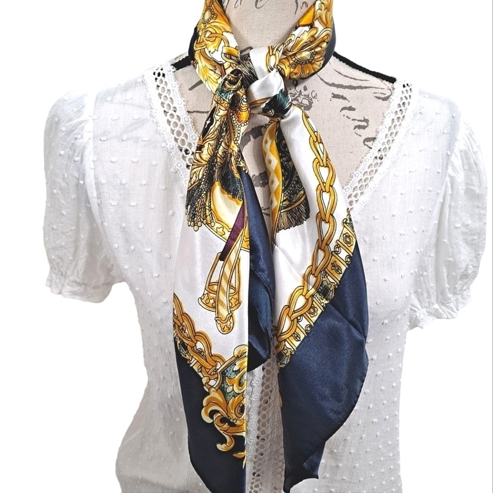 Navy Gold Square Satin Scarf Oversized Baroque Chain Old Money Neck Preppy 💖